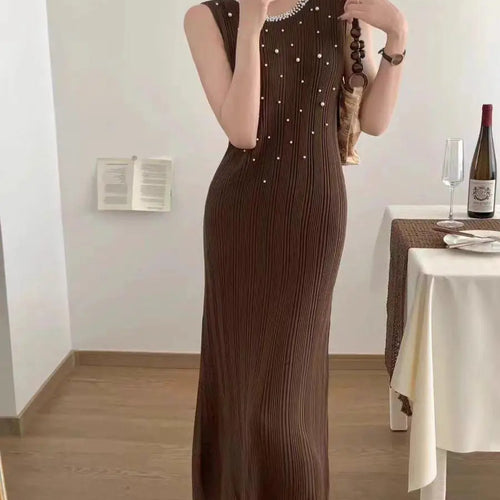 Load image into Gallery viewer, Korean Solid Pearl Elegant Round Neck Slim Vest Long Dresses For Women Sleeveless Fashion Sexy Knitted Dress Summer 2025 Popular
