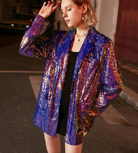 Loose Fit Blue Sequins Big Size Casual Jacket New Lapel Long Sleeve Women Coat Fashion Tide Spring Autumn 2025 1DE3504
