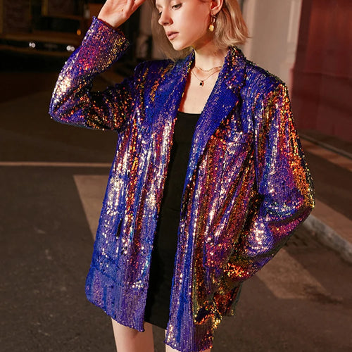 Load image into Gallery viewer, Loose Fit Blue Sequins Big Size Casual Jacket New Lapel Long Sleeve Women Coat Fashion Tide Spring Autumn 2025 1DE3504
