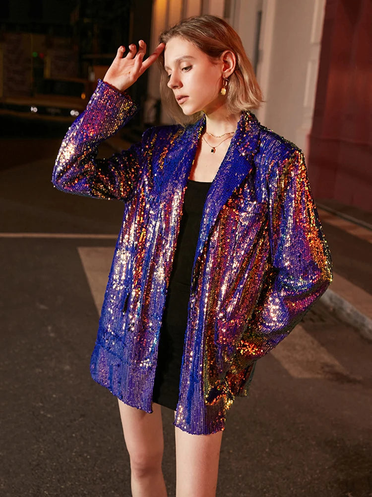 Loose Fit Blue Sequins Big Size Casual Jacket New Lapel Long Sleeve Women Coat Fashion Tide Spring Autumn 2025 1DE3504