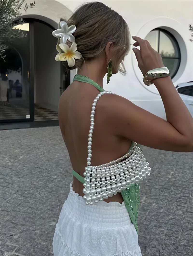 Glitter Deep V Neck Sexy Tank Tops Women Vest Pullovers Summer New Sparkle Backless Cropped Tops Elegant Beach Tops