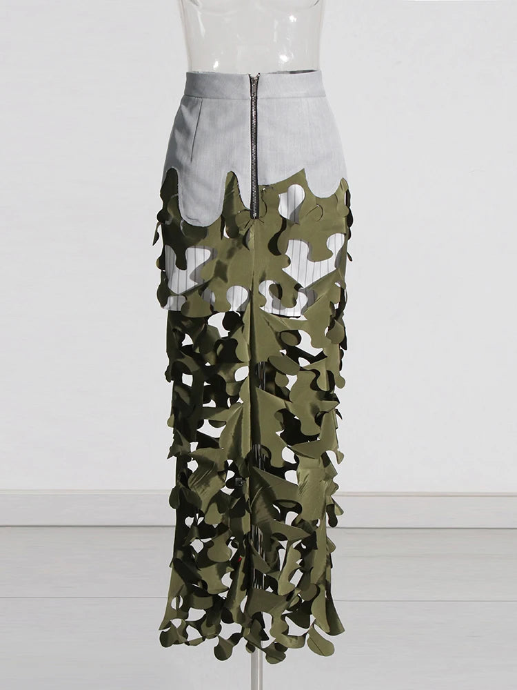 Colorblock Hollow Out Casual Irregular Skirts For Women High Waist Spliced Zipper Streetwear Skirt Female Fashion Clothing