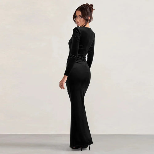 Load image into Gallery viewer, Velvet Long Sleeve Sexy Maxi Dress For Women Autumn Winter New Square Collar Thigh High Split Evening Club Party Dress
