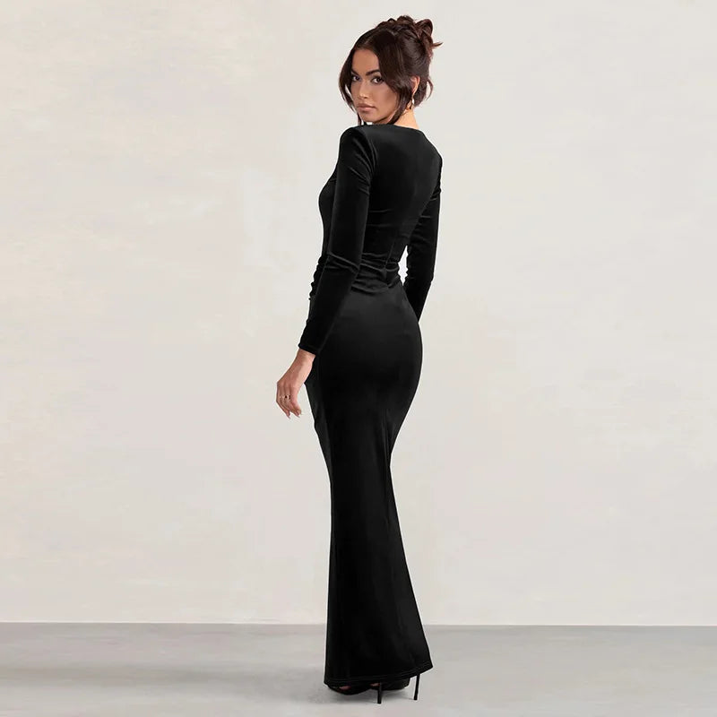 Velvet Long Sleeve Sexy Maxi Dress For Women Autumn Winter New Square Collar Thigh High Split Evening Club Party Dress