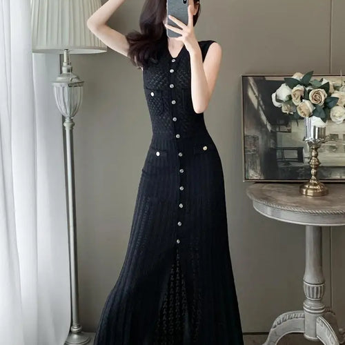 Load image into Gallery viewer, Summer Black V-neck Elegant Knit Long Dress Women Slim Sleeveless Single Breasted Hollow Out Split Dress 2024 New Korean Fashion
