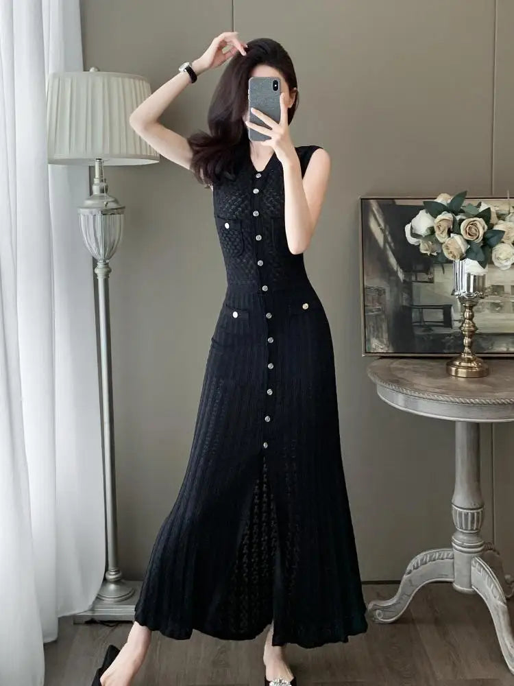 Summer Black V-neck Elegant Knit Long Dress Women Slim Sleeveless Single Breasted Hollow Out Split Dress 2024 New Korean Fashion