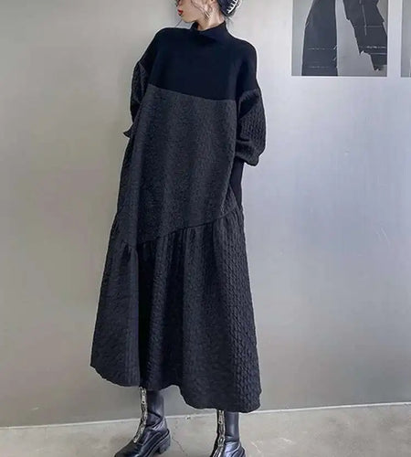 Women Black Knitting Big Size Long Dress New Turtleneck Long Sleeve Loose Fit Fashion Tide Spring Autumn 2025 1DH0797