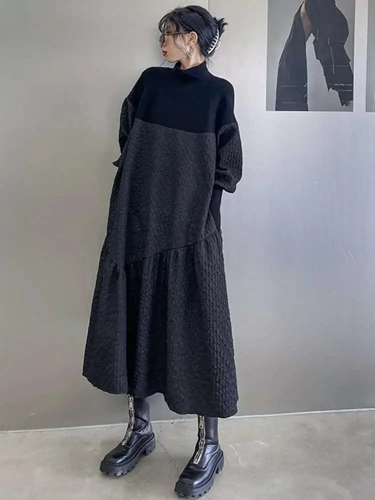 Women Black Knitting Big Size Long Dress New Turtleneck Long Sleeve Loose Fit Fashion Tide Spring Autumn 2025 1DH0797
