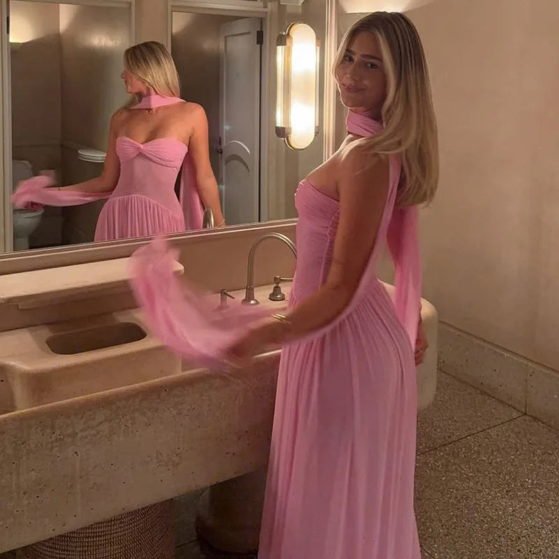 Scarf Collar Backless Sexy Maxi Dress For Women Gown Pink Strapless Off-shoulder Backless Mesh Long Dress Vestido