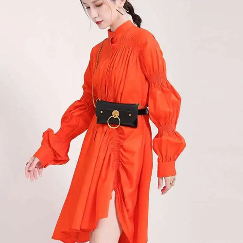 Load image into Gallery viewer, Women Blue Irregular Pleated Big Hem Shirt Dress New Stand Neck Long Sleeve Loose Fashion Tide Spring Autumn 2025 1DF9549
