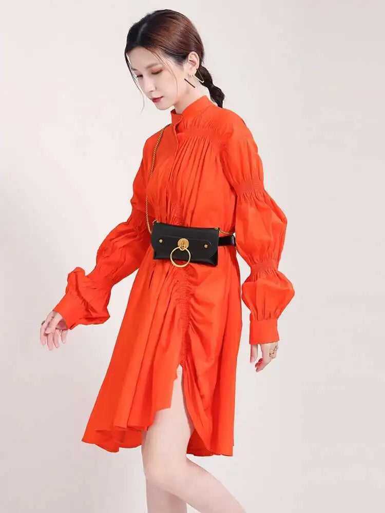 Women Blue Irregular Pleated Big Hem Shirt Dress New Stand Neck Long Sleeve Loose Fashion Tide Spring Autumn 2025 1DF9549