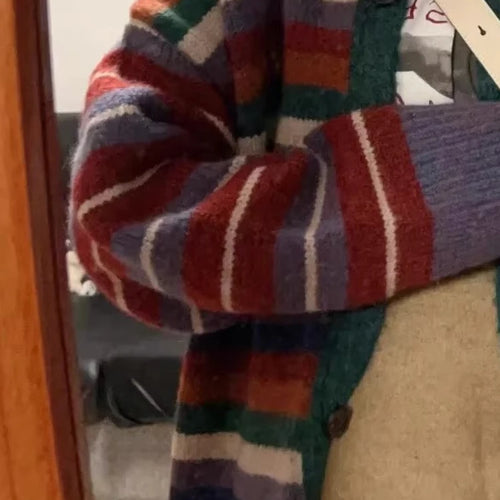 Load image into Gallery viewer, Japanese Oversize Grunge Casual Cardigans Y2k Aesthetic Contrast Color Stripe Coats Women Autumn Single Breasted Long Sweater
