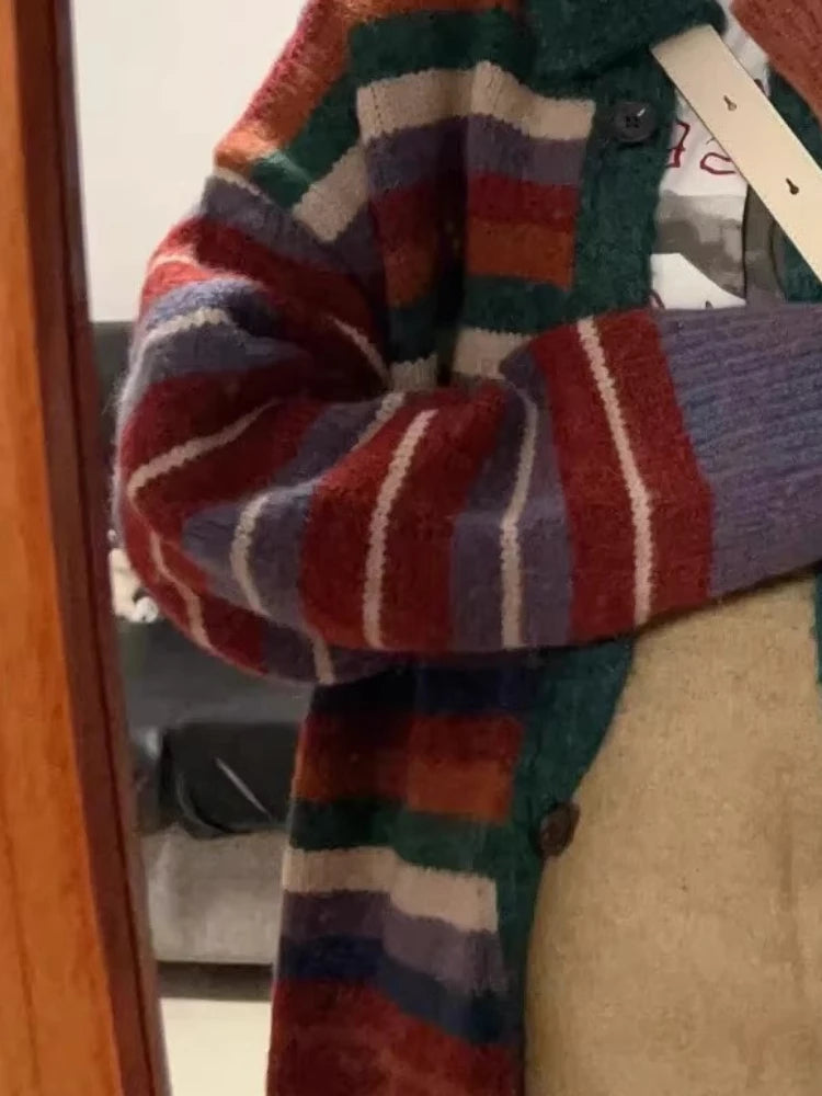 Japanese Oversize Grunge Casual Cardigans Y2k Aesthetic Contrast Color Stripe Coats Women Autumn Single Breasted Long Sweater