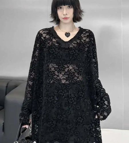 Women Black Lace Perspective Big Size Elegant T-shirt New V-Neck Long Sleeve Fashion Tide Spring Autumn 2025 1DH8612