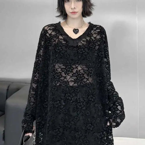 Load image into Gallery viewer, Women Black Lace Perspective Big Size Elegant T-shirt New V-Neck Long Sleeve Fashion Tide Spring Autumn 2025 1DH8612
