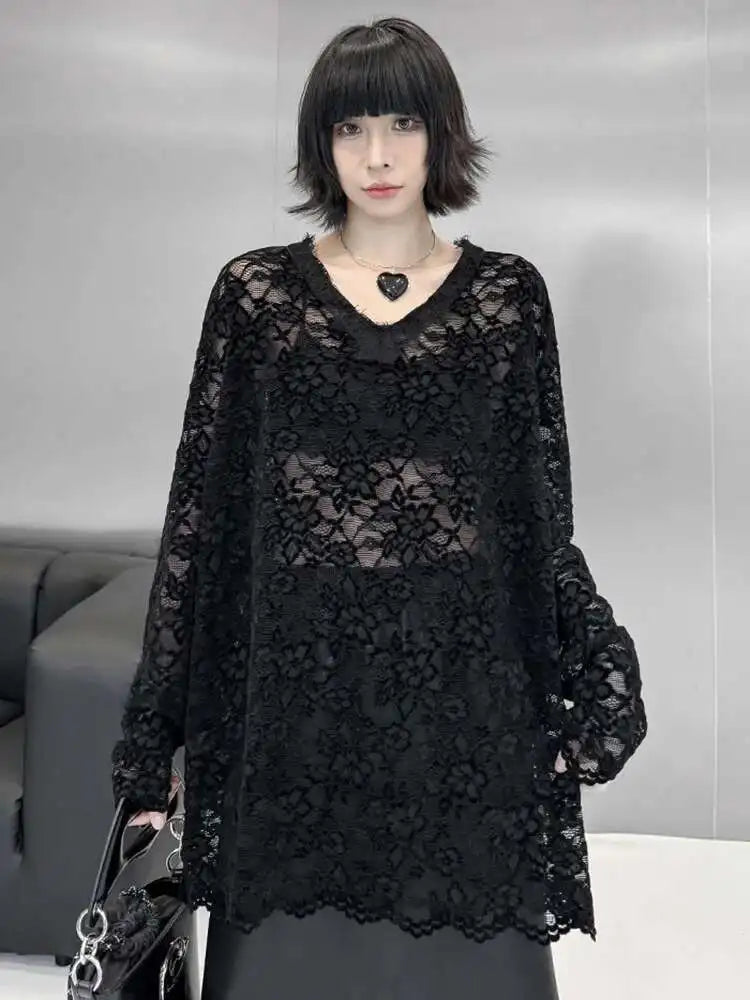 Women Black Lace Perspective Big Size Elegant T-shirt New V-Neck Long Sleeve Fashion Tide Spring Autumn 2025 1DH8612