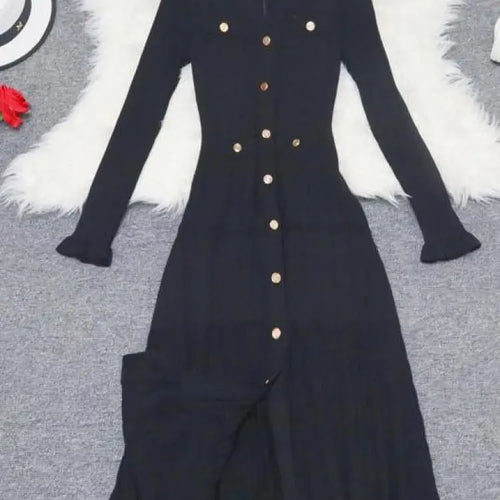 Load image into Gallery viewer, Korean 2024 New Spring Autumn Solid Temperament V-neck Knitted Dresses Women's Elegant Long Sleeve Office Buttons Ruffles Dress
