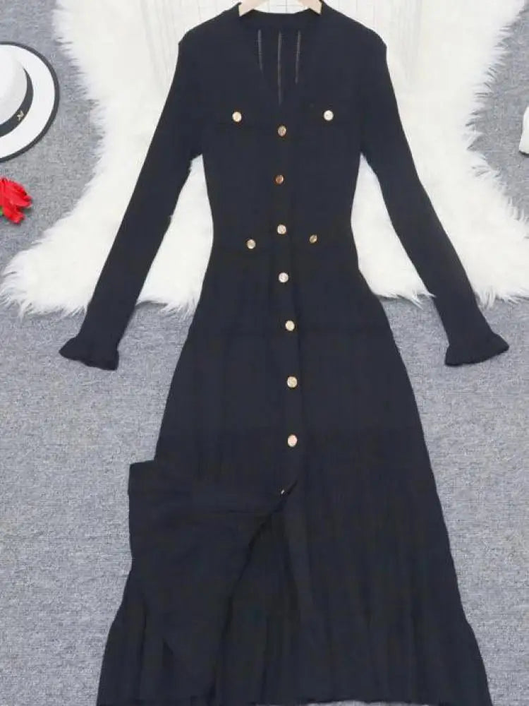 Korean 2024 New Spring Autumn Solid Temperament V-neck Knitted Dresses Women's Elegant Long Sleeve Office Buttons Ruffles Dress