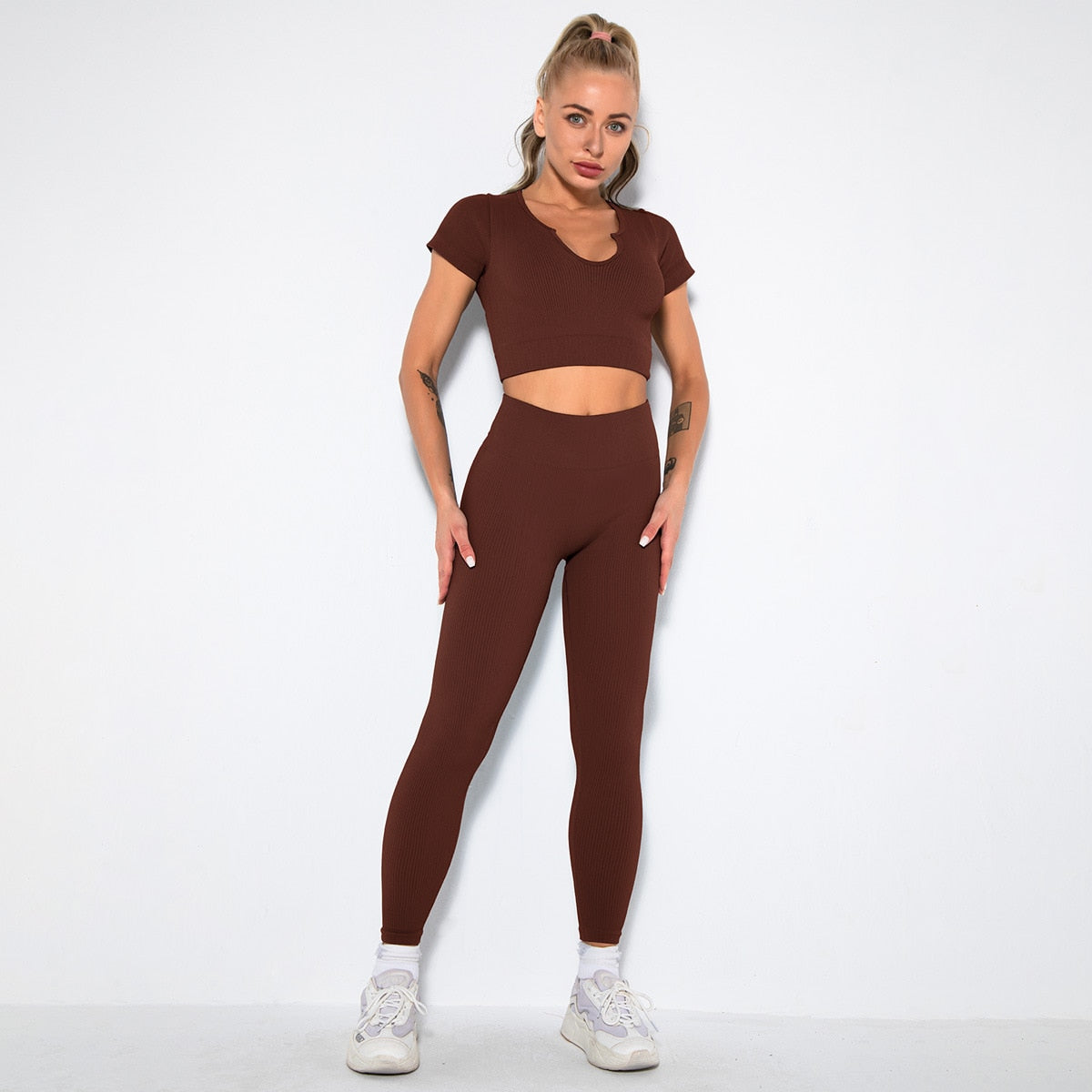 Gym Set Summer 2 Piece Outfit Ribbed Sport Bra Leggings Seamless Workout Set Fitness Active Wear Tracksuit Women Yoga Clothing