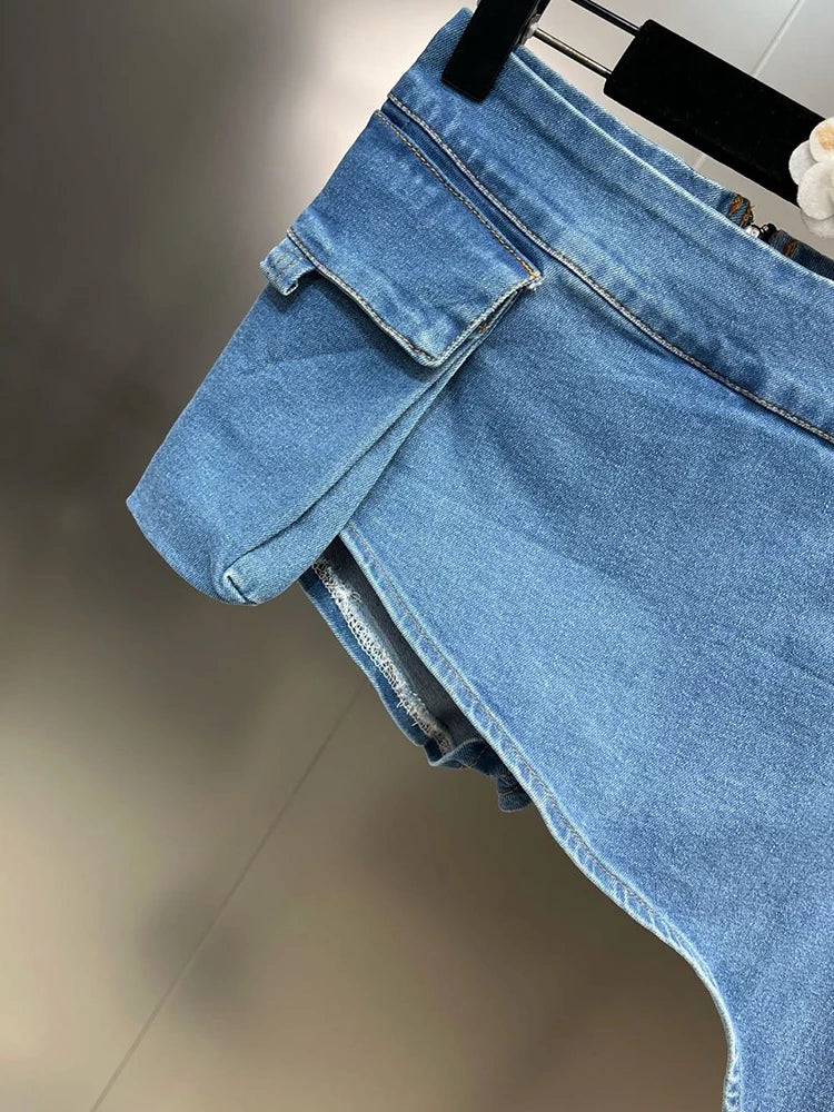 Soild Denim Shorts For Women High Waist Patchwork Pocket Summer Asymmetrical Shorts Skirts Female Fashion