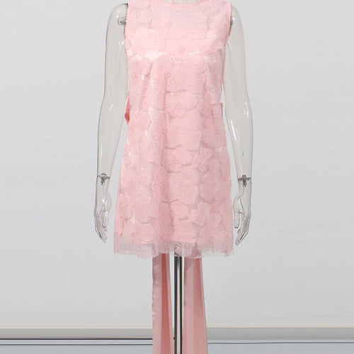 Load image into Gallery viewer, Solid Loose Spliced Embroidery Dresses for Women Round Neck Sleeveless Patchwork Bowknot Mini Dress Female Clothing
