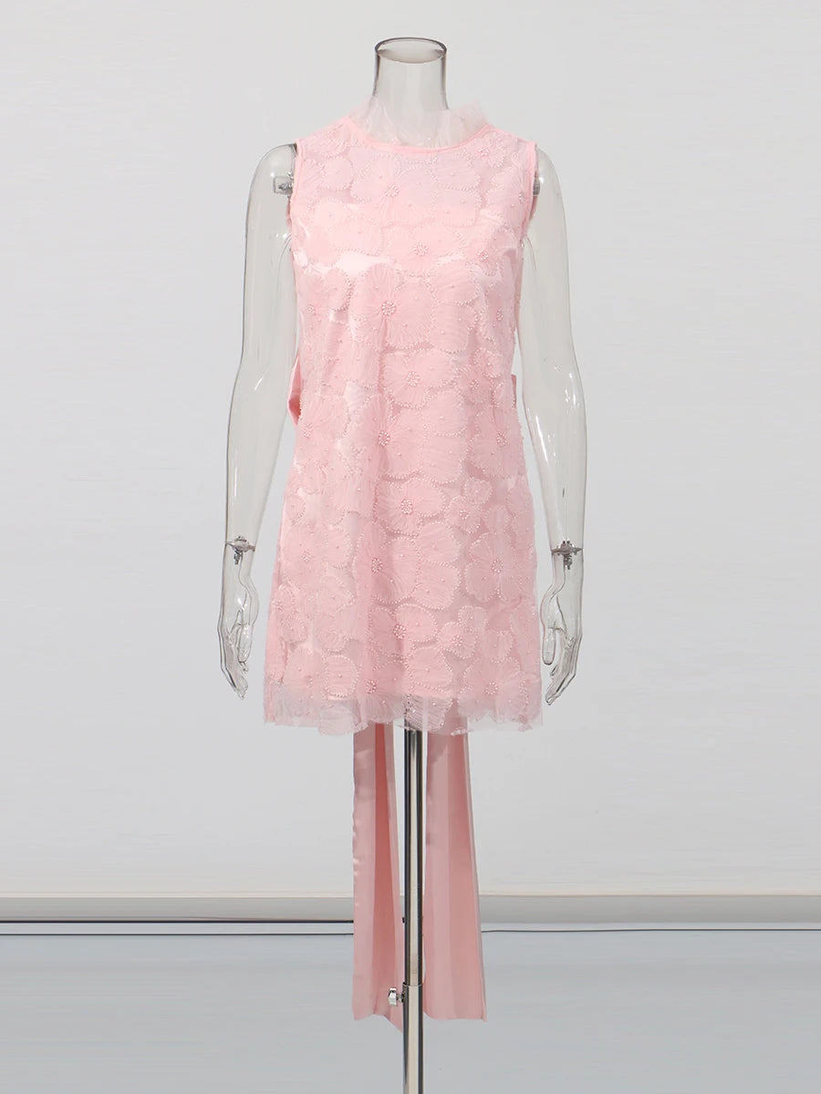 Solid Loose Spliced Embroidery Dresses for Women Round Neck Sleeveless Patchwork Bowknot Mini Dress Female Clothing