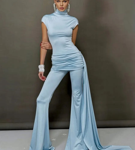 Fashion Sleeveless High Elasticity Tight Jumpsuit Pleated Ribbons Women Temperament Slim Flared Pants Rompers Spring2025