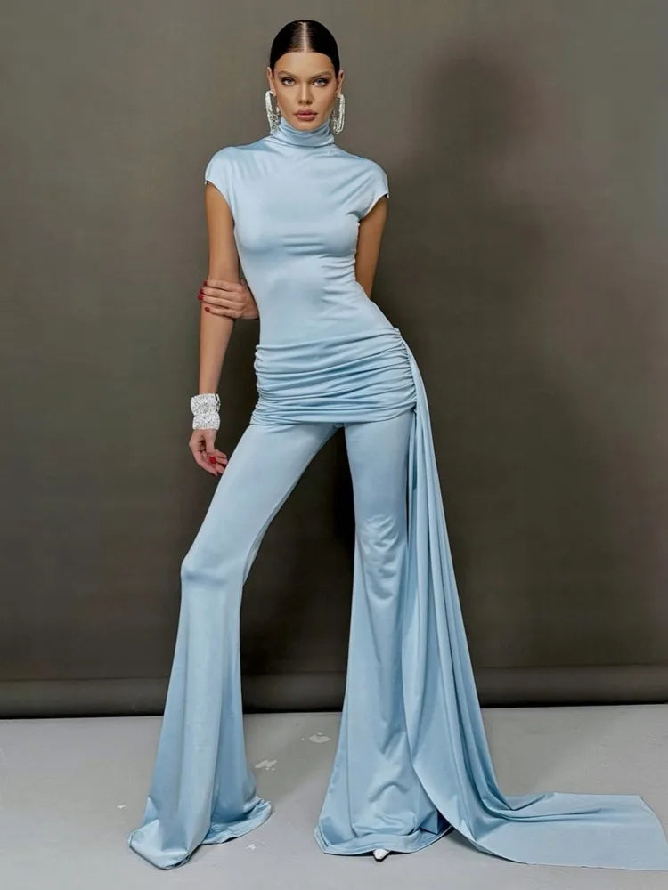 Fashion Sleeveless High Elasticity Tight Jumpsuit Pleated Ribbons Women Temperament Slim Flared Pants Rompers Spring2025