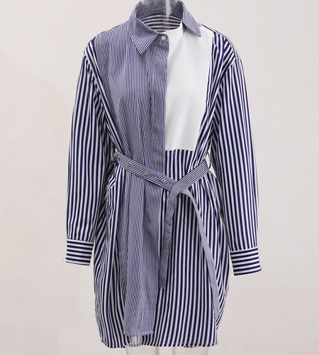 Women Blue Striped Color-block Big Size Long Blouse New Lapel Long Sleeve Shirt Fashion Tide Spring Autumn 2025 CPDB142