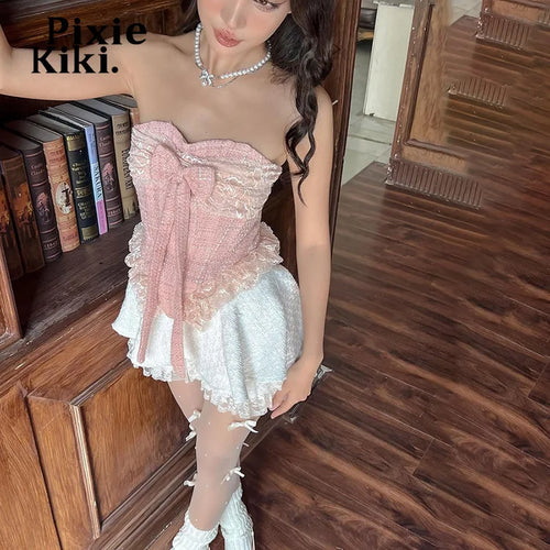 Load image into Gallery viewer, Pink Lace Trim Bow Busiter Girly Y2k Cute Summer Tops Women Clothes Coquette Accessories Sexy Tube Top P94-DE18
