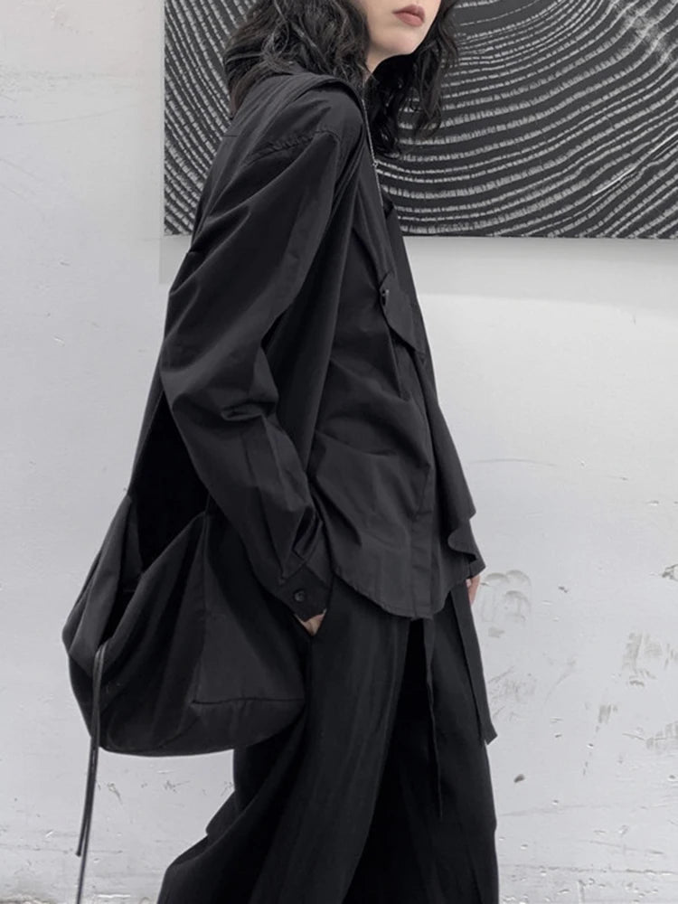 Women Black Irregular Button Big Size Casual Blouse New Lapel Long Sleeve Shirt Fashion Tide Spring Autumn 2025 1DJ1667