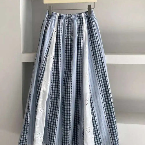 Load image into Gallery viewer, High Elastic Waist Blue Plaid Lace Color-block A-line Half-body Skirt Women Fashion Tide New Spring Autumn 2025 1DJ0356
