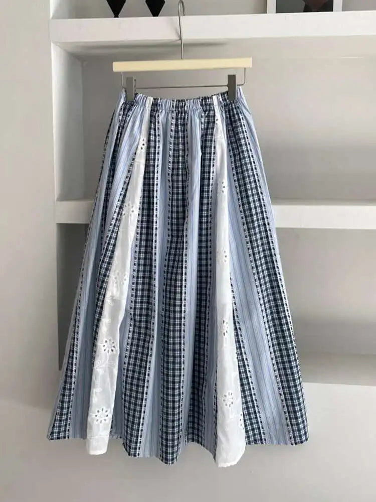 High Elastic Waist Blue Plaid Lace Color-block A-line Half-body Skirt Women Fashion Tide New Spring Autumn 2025 1DJ0356