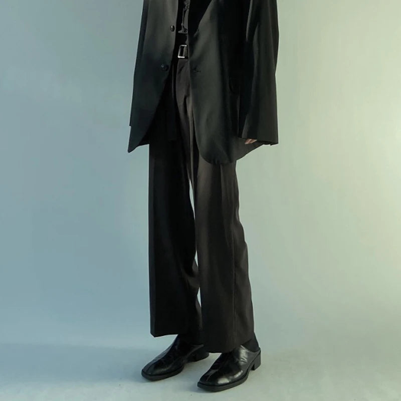 Simple Men's Suit Pants Pleated Belt Solid Color Droop High Waist Trousers Straight Wide Leg Loose Male Bottom New 9C9238