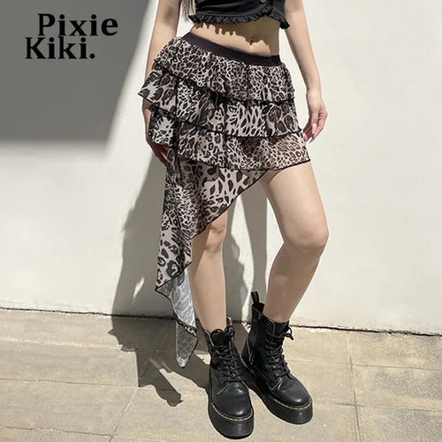 Load image into Gallery viewer, Leopard Print Mesh Irregular Skirt High Waist Ruffled Mini Skirt Women Y2k Fashion Clothes P84-CC20
