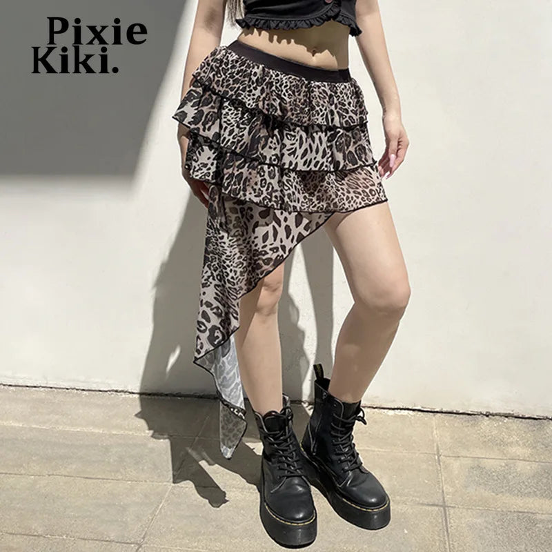 Leopard Print Mesh Irregular Skirt High Waist Ruffled Mini Skirt Women Y2k Fashion Clothes P84-CC20