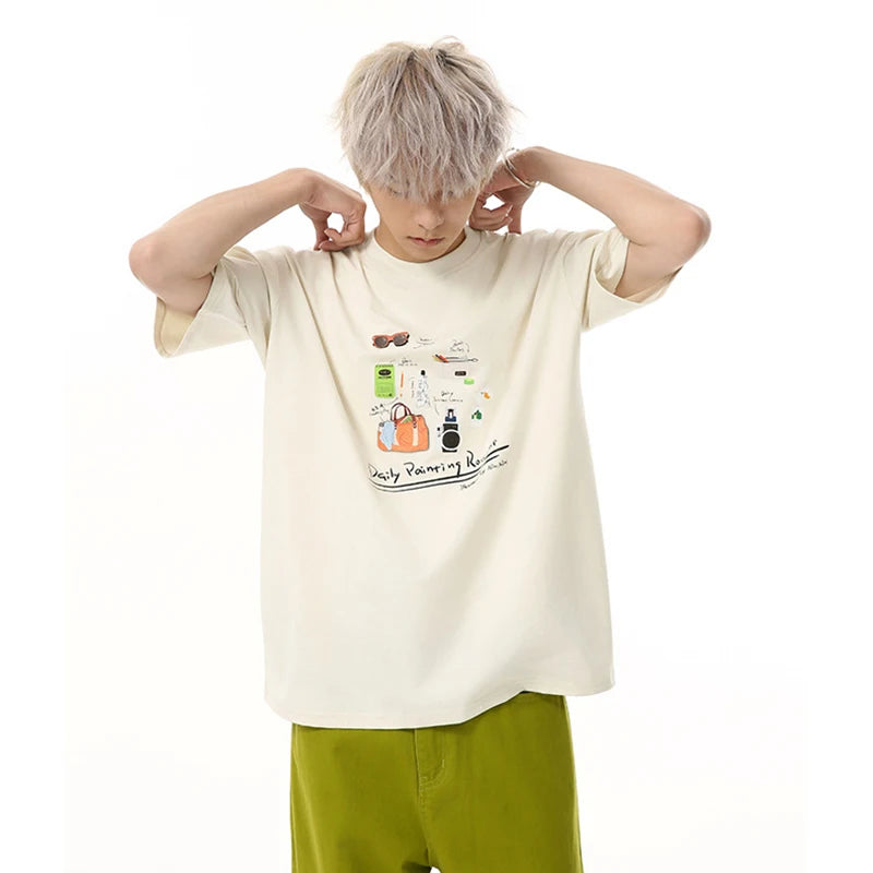 Men's T-shirts New Cartoon Printing Korean Style Short Sleeve Tees Solid Color Summer Round Neck Pullover Menswear 9W1847