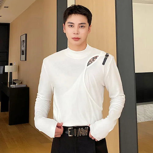 Load image into Gallery viewer, Fashion Men&#39;s T-shirts Leather Loop Spliced Hollow Out Top Long Sleeve Half High Collar Male Tees Fashion 9C1736
