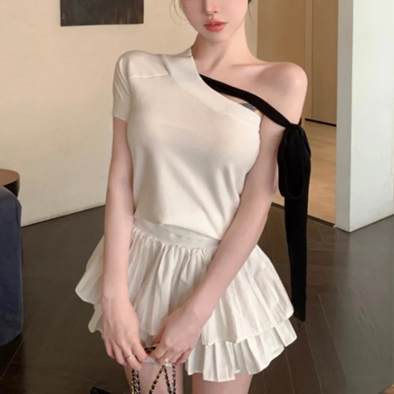 y2k Crop Tops Women Clothes Contrast Color Tie up Shoulders Contrast Color Asymmetrical T Shirts Vest 2000s Streetwear