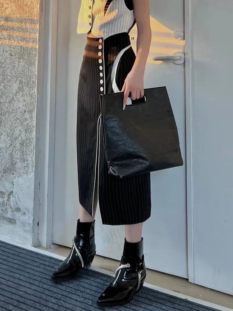 Elegant Patchwork Colorblock Skirt For Women High Waist Straight Loose Split Thigh Midi Skirts Female Clothing