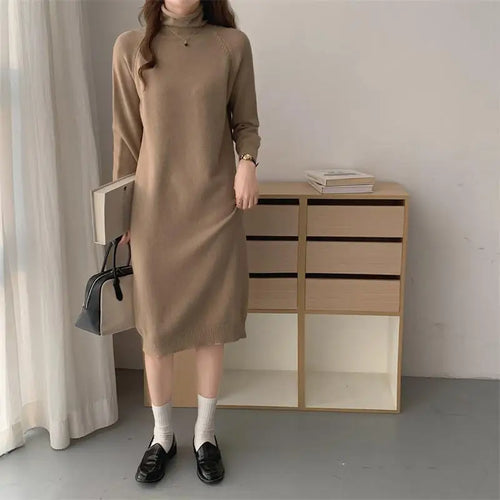 Load image into Gallery viewer, Autumn Winter 2023 New Solid High Neck Casual Loose Knitted Dresses Women Straight Long Sleeve Sweater Dress Popular Simplicity
