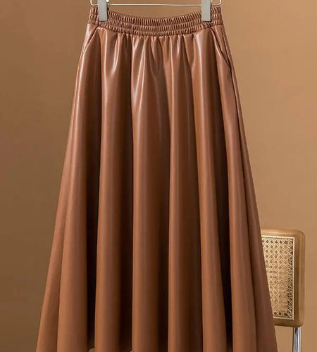 Women Brown Faux Leather Long Skirt 2023 Autumn Winter Black Vintage A Line Elastic High Waist Pu Skirts Female Oversized French
