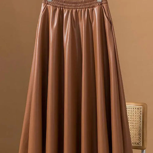 Load image into Gallery viewer, Women Brown Faux Leather Long Skirt 2023 Autumn Winter Black Vintage A Line Elastic High Waist Pu Skirts Female Oversized French
