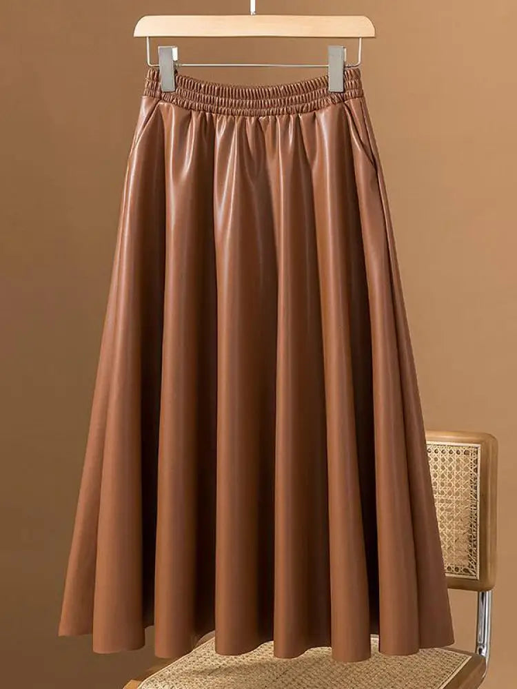 Women Brown Faux Leather Long Skirt 2023 Autumn Winter Black Vintage A Line Elastic High Waist Pu Skirts Female Oversized French