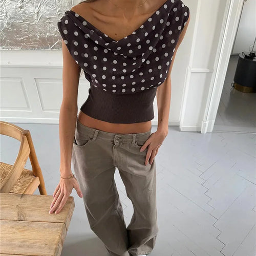Load image into Gallery viewer, Backless Polka Dot Crop Tops Women Vest Fashion Summer New Oblique Shoulder Sleeveless Tank Tops Pullovers Female
