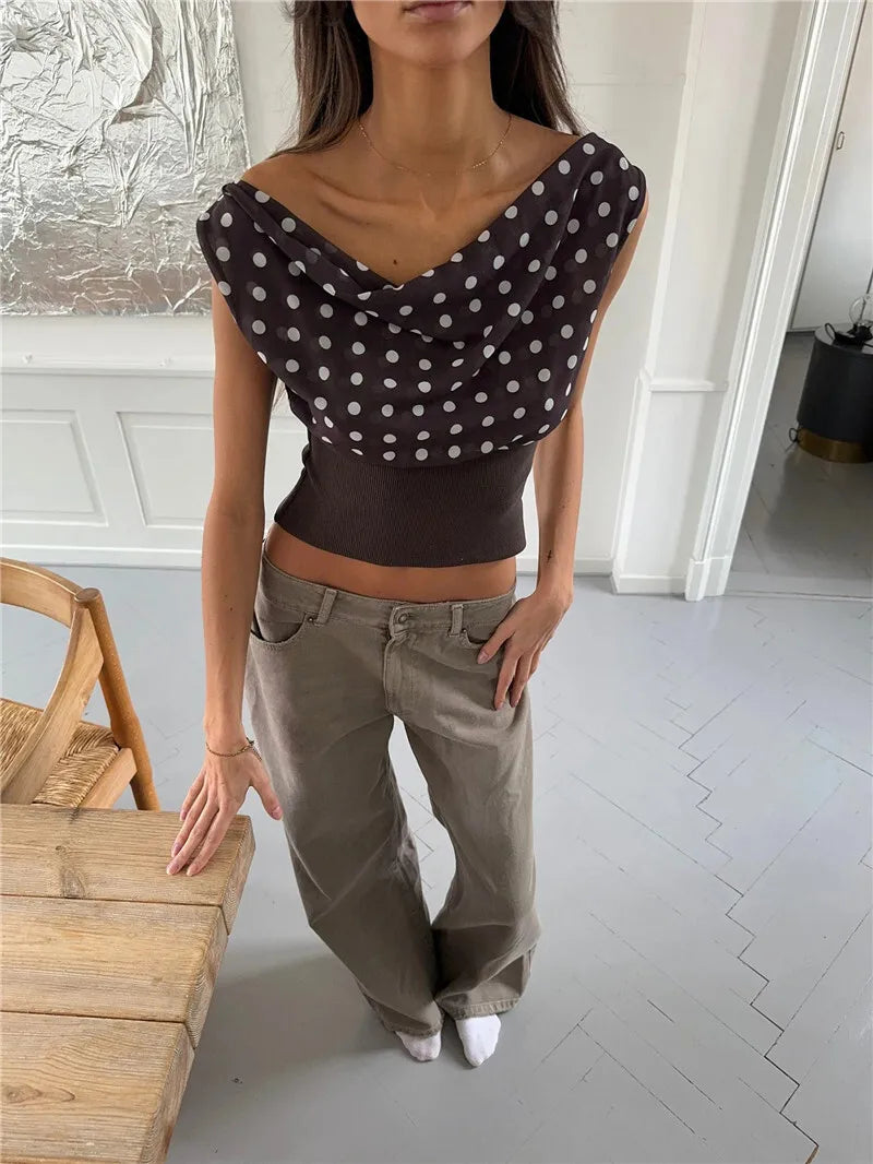 Backless Polka Dot Crop Tops Women Vest Fashion Summer New Oblique Shoulder Sleeveless Tank Tops Pullovers Female