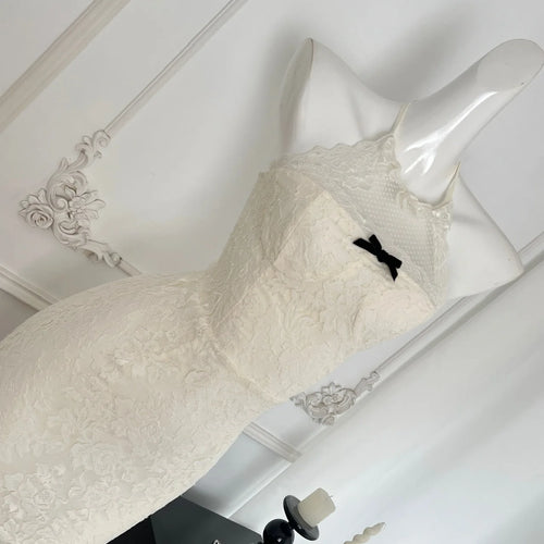 Load image into Gallery viewer, French Summer White Lace Sexy Backless Elegant Bow Evening Dress Women Sleeveless Halter Lace-up Vacation Party Gown Short Dress
