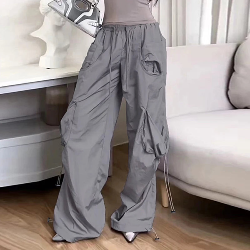 Harajuku Solid Drawstring Cargo Pants Female Streetwear Tech Pockets Draped Baggy Trousers Hip Hop Sweatpants Outfits
