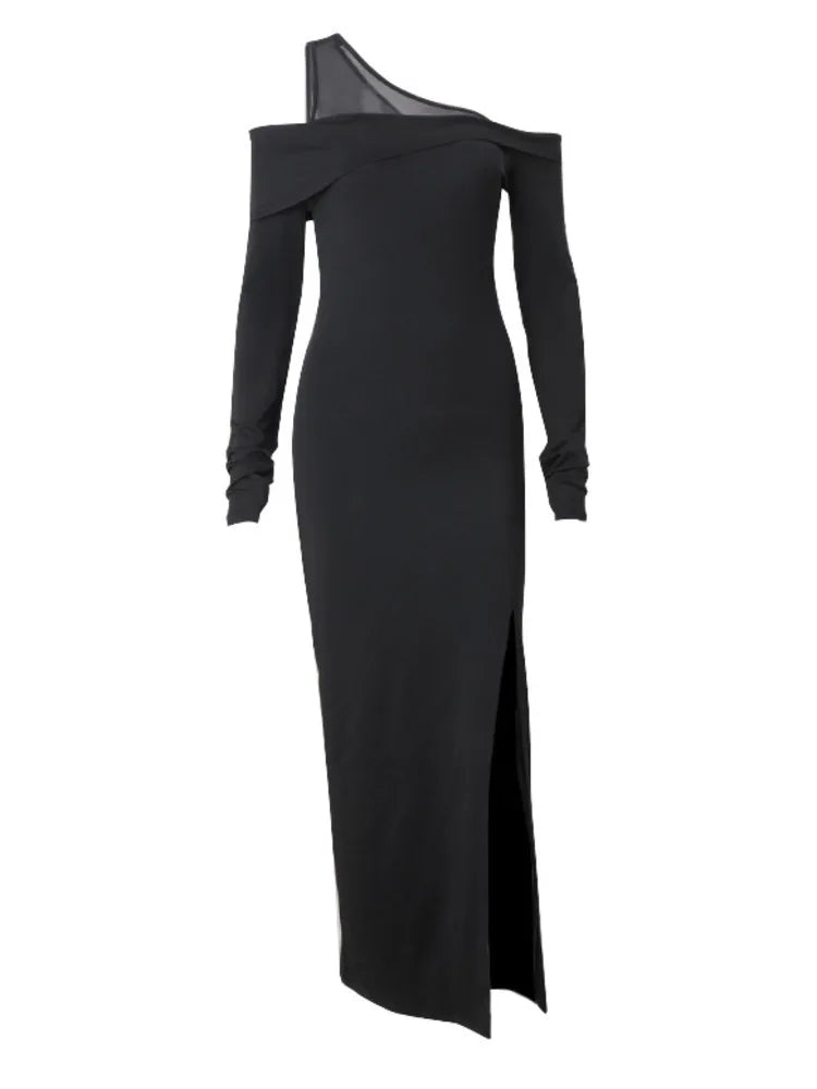 Elegant Mesh Patchwork Women Dress 2024 Fall New Sexy High Split Bodycon Long Sleeve Party Evening Dress Slim Vestido