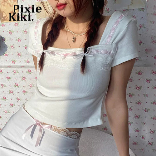 Load image into Gallery viewer, Y2k Tops Kawaii Girls Bow Lace Trim Square Neck Short Sleeve Crop T Shirt Women Summer White Ribbed Tees P84-BF10
